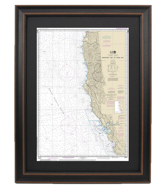 Framed Nautical Chart 18010 - Monterey Bay to Coos Bay. NOAA 18010. Handmade in the USA.