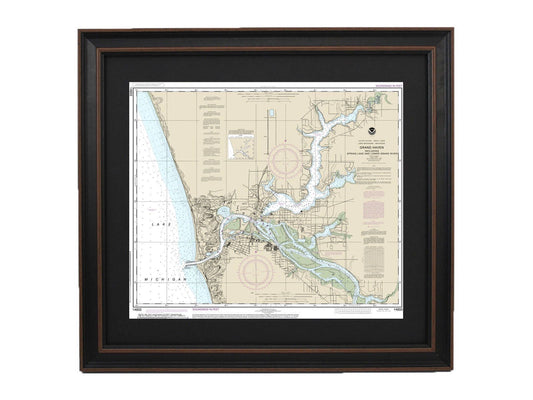 Framed Nautical Chart 14933 - Grand Haven, Lake Michigan. NOAA 14933. Handmade in the USA.