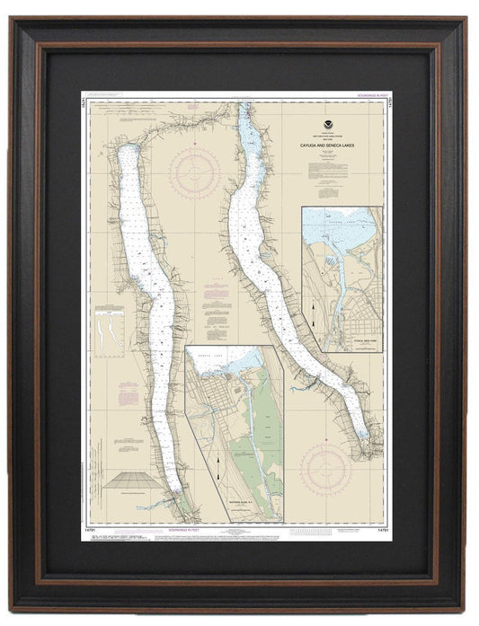 Framed Nautical Chart 14791 - Finger Lakes, Cayuga and Seneca Lakes. Watkins Glen. Ithaca, NY. NOAA 14791. Handmade in the USA.
