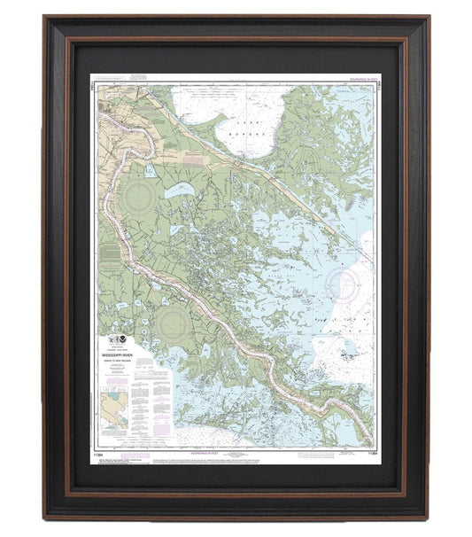 Framed Nautical Chart 11364 - Mississippi River Venice to New Orleans. NOAA 11364. Handmade in the USA.