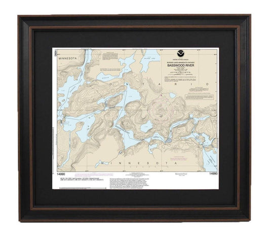 Framed Nautical Chart 14990 - Basswood River, Minnesota. NOAA 14990. Handmade in the USA.