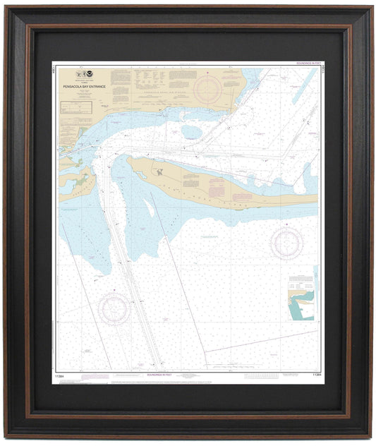 Framed Nautical Chart 11384 - Pensacola Bay Entrance. NOAA 11384. Handmade in the USA.