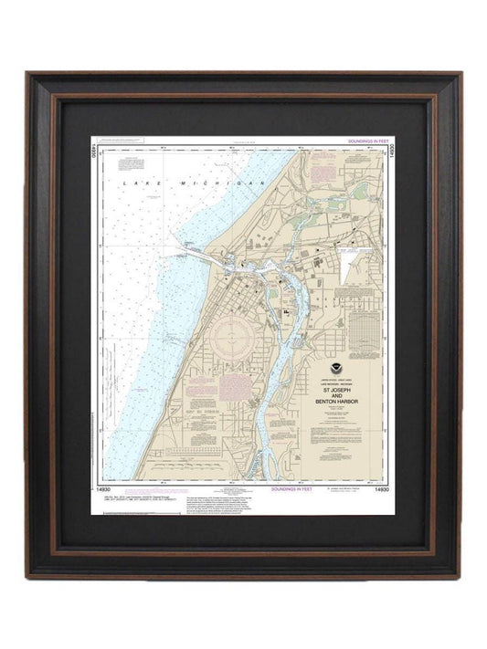 Framed Nautical Chart 14930 - St. Joseph and Benton Harbor, Lake Michigan. NOAA 14930. Handmade in the USA.