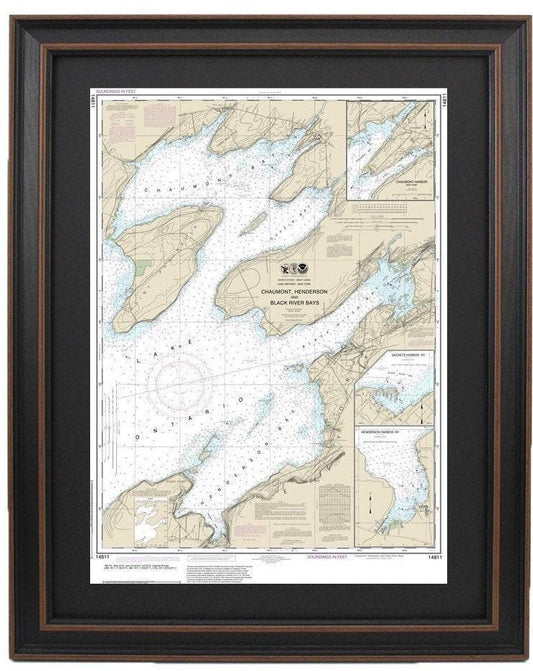 Framed Nautical Chart 14811 - Lake Ontario. Chaumont, Henderson and Black River Bays, NY. NOAA 14811. Handmade in the USA.
