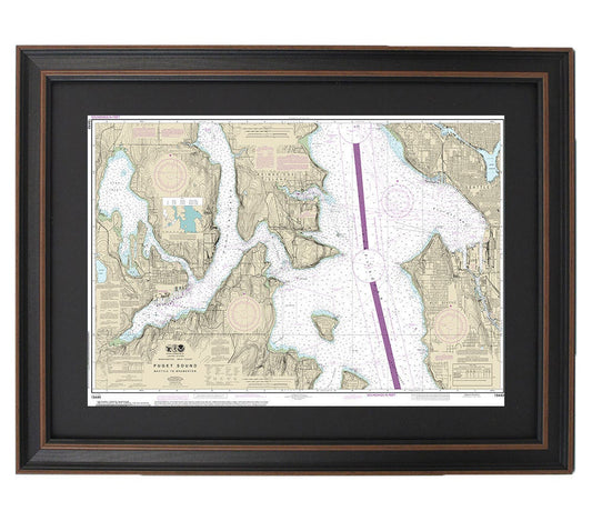 Framed Nautical Chart 18449 - Puget Sound, Seattle to Bremerton, NOAA 18449. Handmade in the USA.