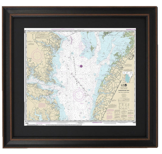 Framed Nautical Chart 12225 - Chesapeake Bay, Wolf Trap to Smith Point. NOAA 12225. Handmade in the USA.