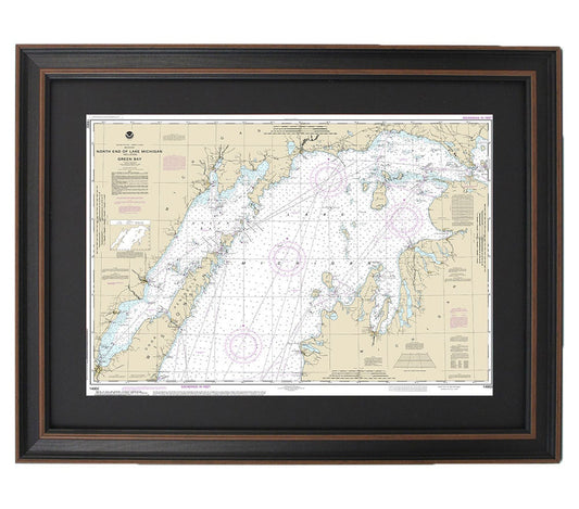 Framed Nautical Chart 14902 - North end of Lake Michigan, including Green Bay. NOAA 14902. Handmade in the USA.